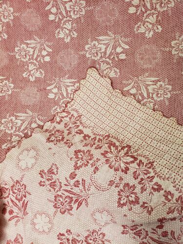 1930's RED REVERSIBLE FLORAL BEDSPREAD COTTON CABIN SCALLOPED EDGE 84X100 QUEEN