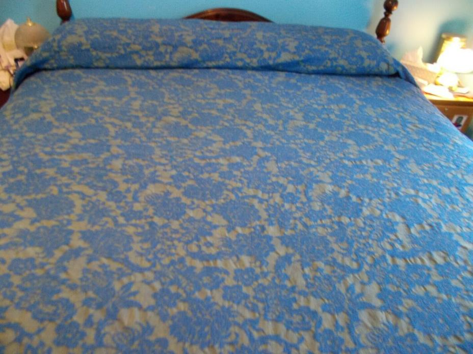 Vintage Bedspread Blue Green Nottingham Damask Solid Fringe Queen 106
