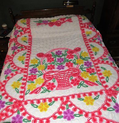 A Basket of Happiness 50s Vivid Florals & Red Vintage Chenille Bedspread