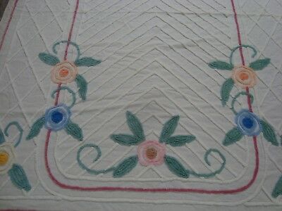 VTG  CHENILLE BEDSPREAD SHABBY Floral Full Double Cotton 88