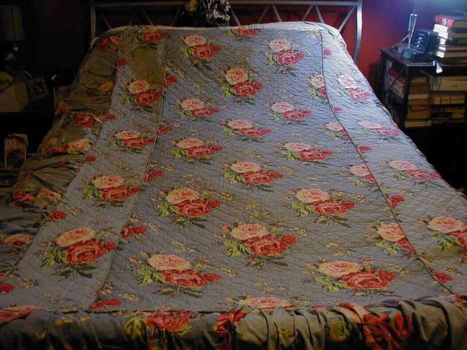 vintage bedspread twin or full quilted grey cotton cabbage roses ruffled sides