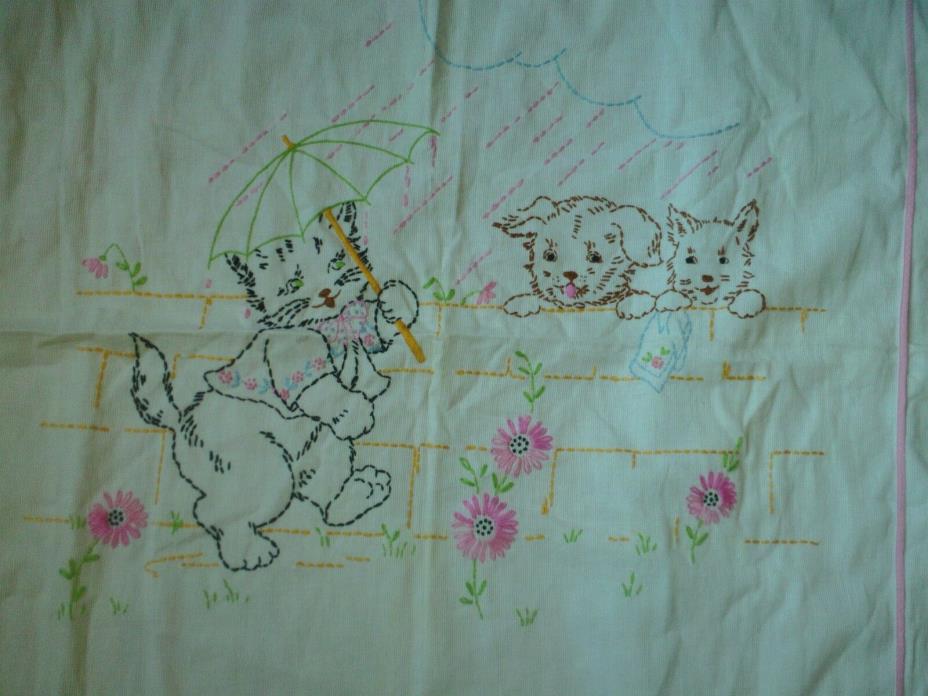 Vintage Child's Embroidered Blanket Cats w/ Umbrellas in the Rain w/ Pink Trim