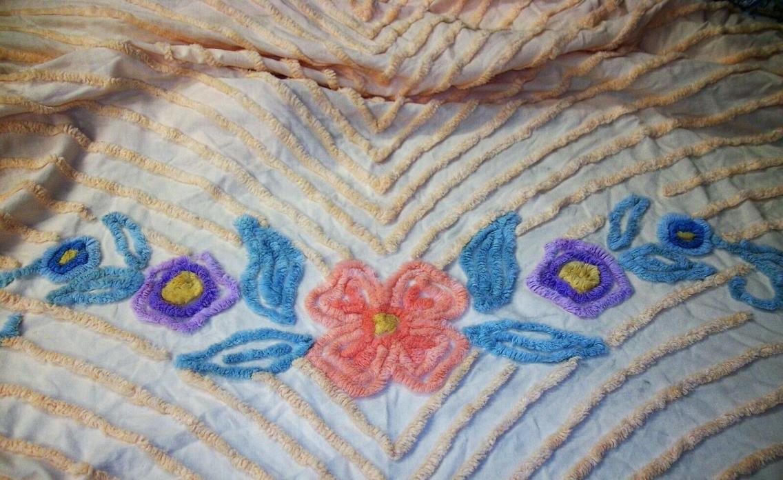 Vintage Peach Turquoise Blue Floral Flowers Chenille Cutter Bedspread