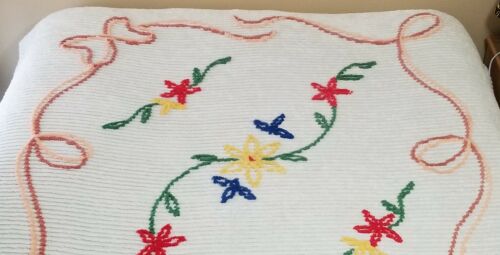 Vintage Chenille White Bedspread w/Colorful Butterfly Flower Design