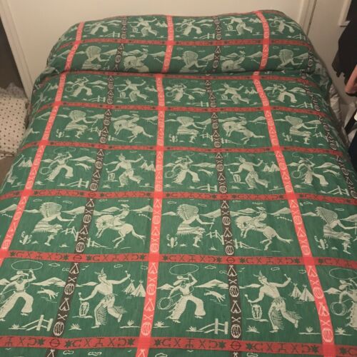 Vintage Cannon Cowboy Indians And Horses Bedspread twin green