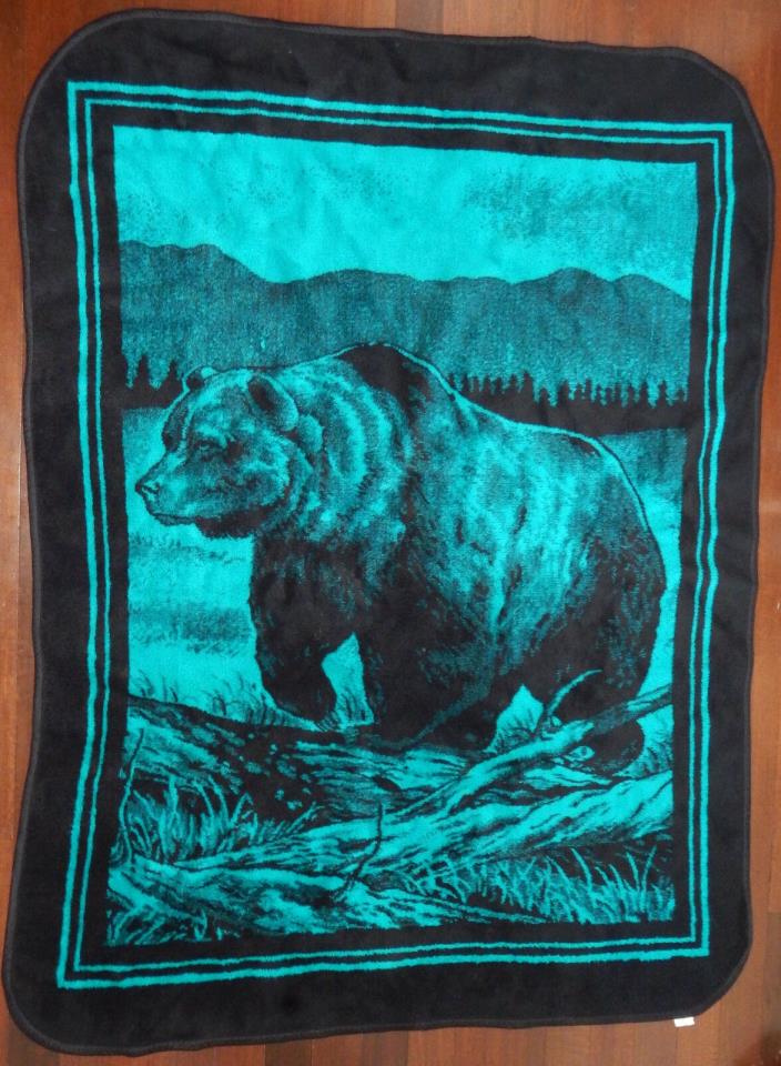 Vintage San Marcos Blanket Grizzly Bear Turquoise Blue Black Reversible 81