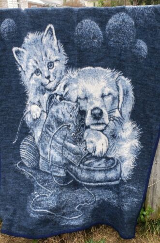 Biederlack Reversible KITTEN & DOG CAT Blanket Throw Vintage 75x55  BLUE