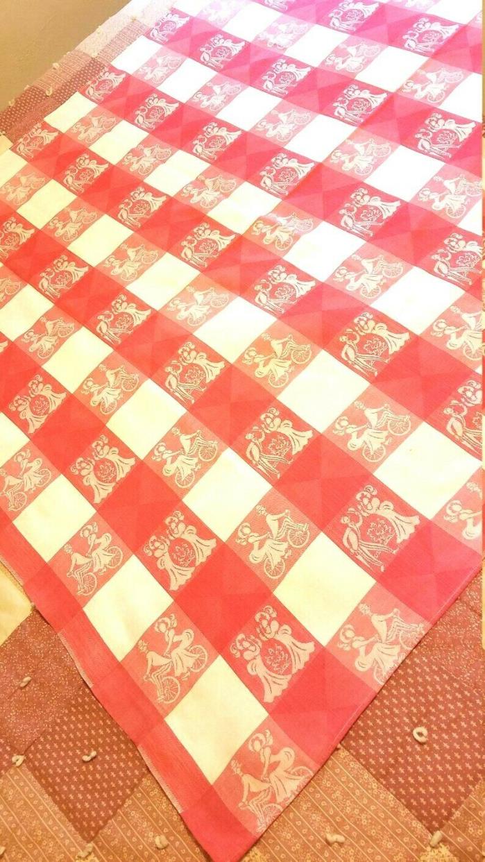 Picnic Blanket Victorian Couple, Cotton Barkcloth Tablecloth Ca. Simtex 1950's