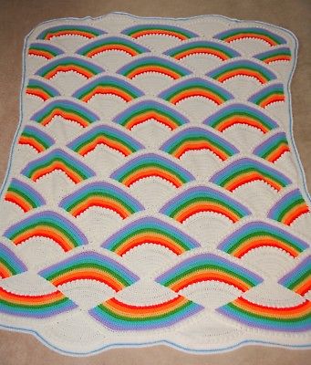 Rainbow Afghan Throw Blanket Knit Crochet Lap Quilt Blue Red purple yellow