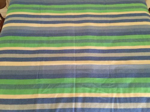 Vintage Woven Blue, Green & White Stripe Wool Blanket - 100% Wool Very Warm