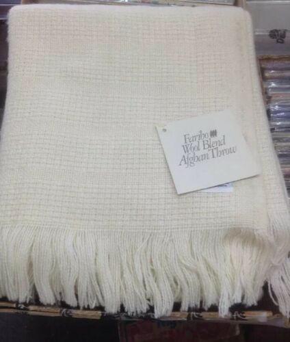 Vintage Faribo  Ivory Cream Wool Blend Fringe Throw Blanket NWT