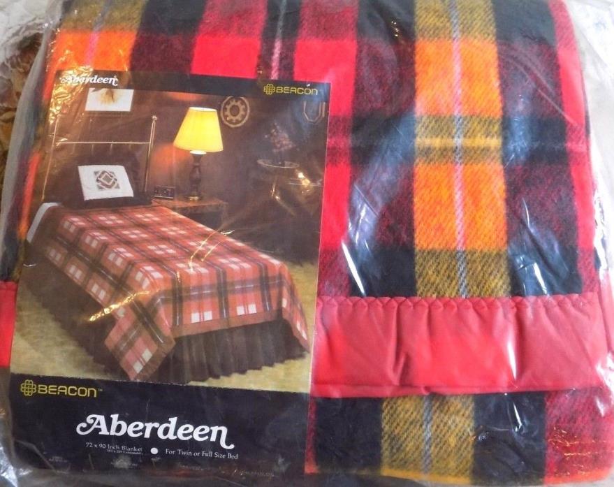 Vtg Beacon Aberdeen Red Black Plaid Twin/Full Size Blanket New in pkg Acrylic