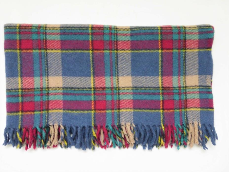 Vintage Faribault Smoky Blue + Cranbery Plaid Wool Throw Blanket Faribo 54