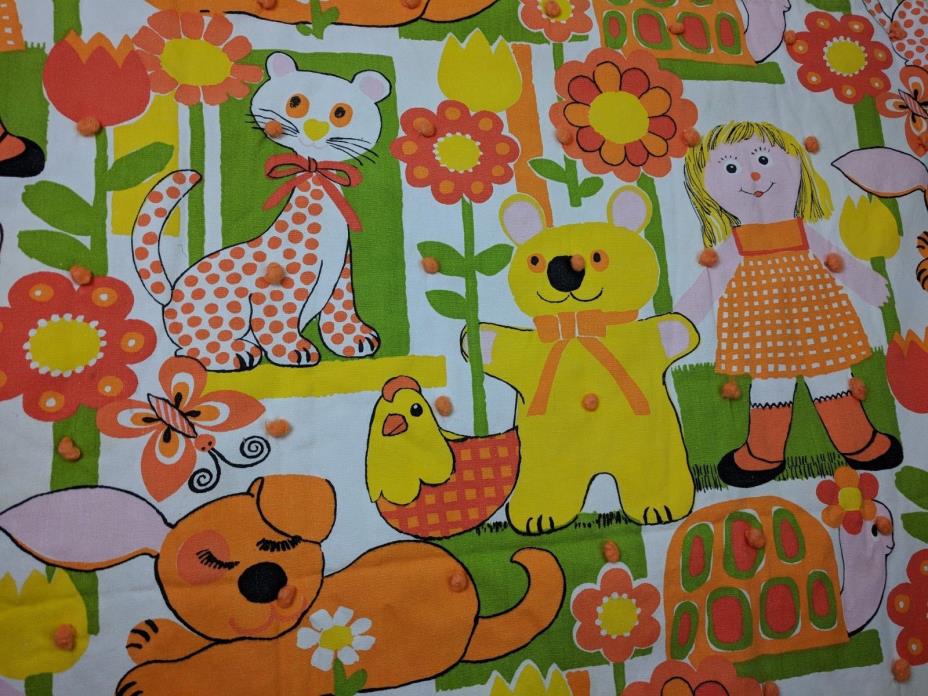 Vintage 1970s Kids Blanket Orange/Green/Yellow Doll & Animals Eyelet Lace Trim