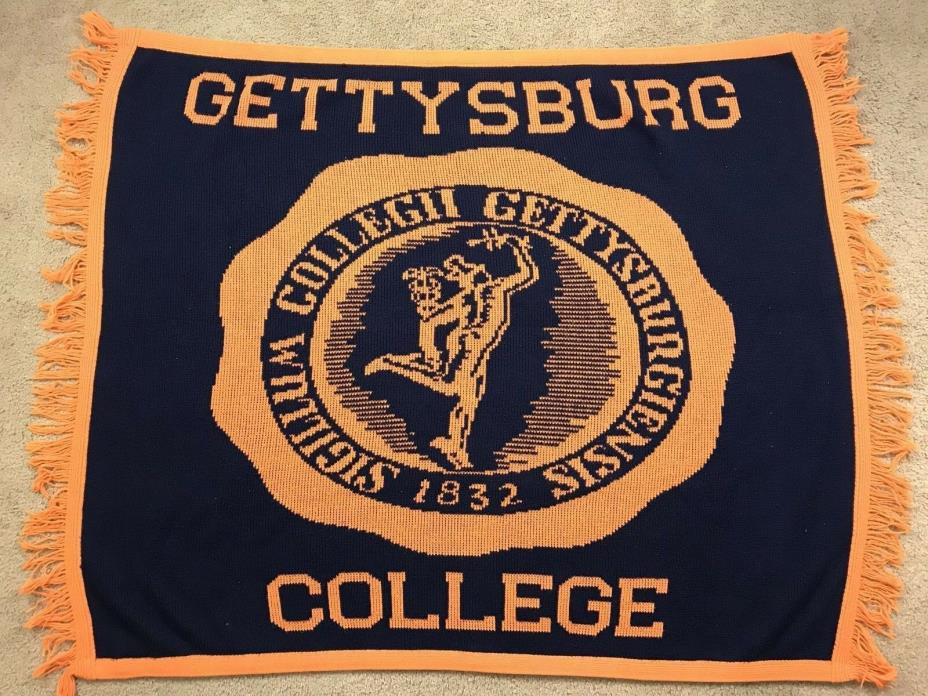 Vtg Gettysburg College Throw Blanket Logo Knits Blue Orange Made In USA Acrylic
