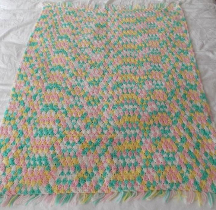 Vintage Hand Made Crochet Baby Blanket Throw Pastel Colors Fringe 34