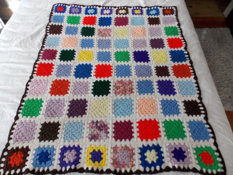 Vintage Crochet Brightly Colored Granny Square Afghan Handmade Throw 48