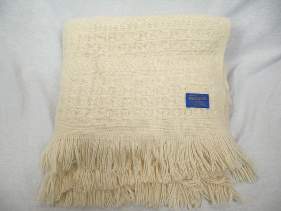Vintage Pendleton Wool Throw Blanket Ivory 100% Pure Virgin Wool USA Cream