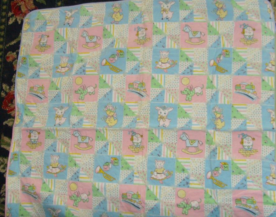 Vintage 32x32 in baby blanket nursery chic lamb kitten dog fabric retro chic