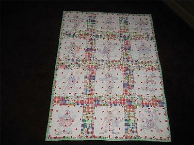 ADORABLE Vintage Embroidered Clown Baby Crib Blanket Tie Quilt LQQK!