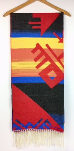 Vintage Wool Southwest Mexican Fringed Serape Blanket Rug 67 X 29 FAST FREE SHIP