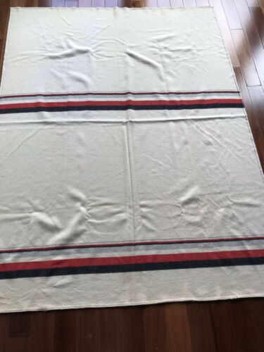 Creamy White With Red And Black Striped Antique Wool Blanket Possibly Indian
