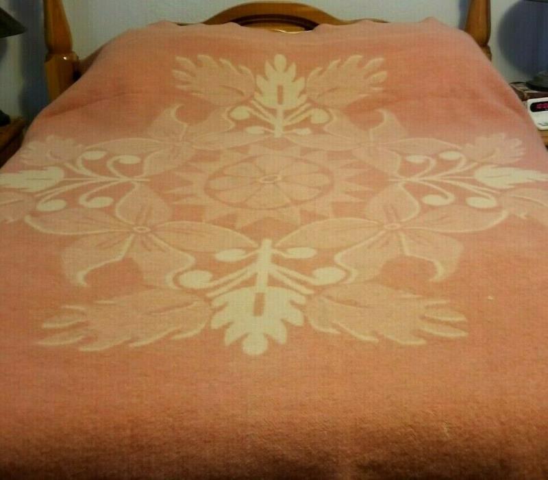 Vintage Art Deco Pink Creme Floral Reversible ORR Health Wool Blanket 72 x 82