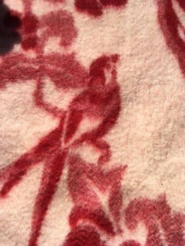 Vtg Swan Wool Reverse Print Blanket Throw Birds Floral Red And Cream Reversible