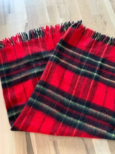 Vintage Red Black Yellow Wool Soft Camper Blanket GUC Fringe 50 X 58 Inches