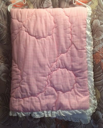Baby Girl VINTAGE Blanket Plush Pink Gingham Eyelet Ruffles Cottage Chic Quaint