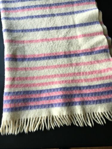 Vintage Eskimo Of Switzerland Wool Blanket Pink Purple Stripe Fringe 62 X 44
