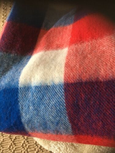 VINTAGE FARIBO Red/Blue/White WOOL PLAID STADIUM BLANKET 68 X 55”