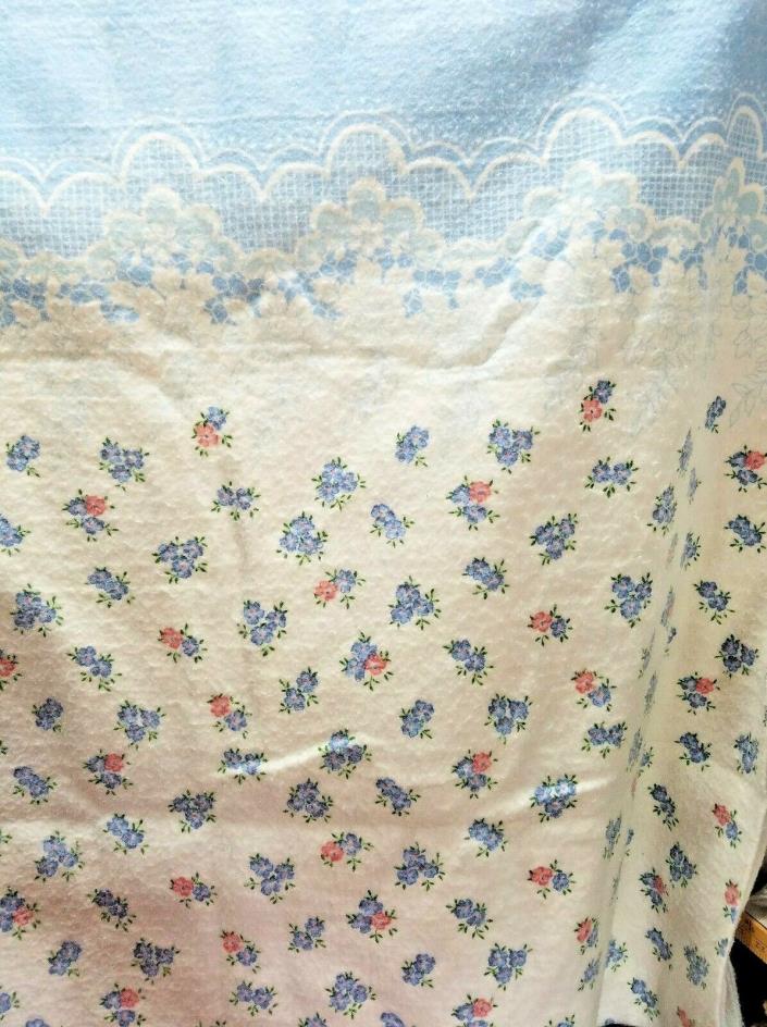 Vintage BLANKET w/ Satin Trim & FLOWERS & Printed LACE TOP - Blue 102x88 Made in