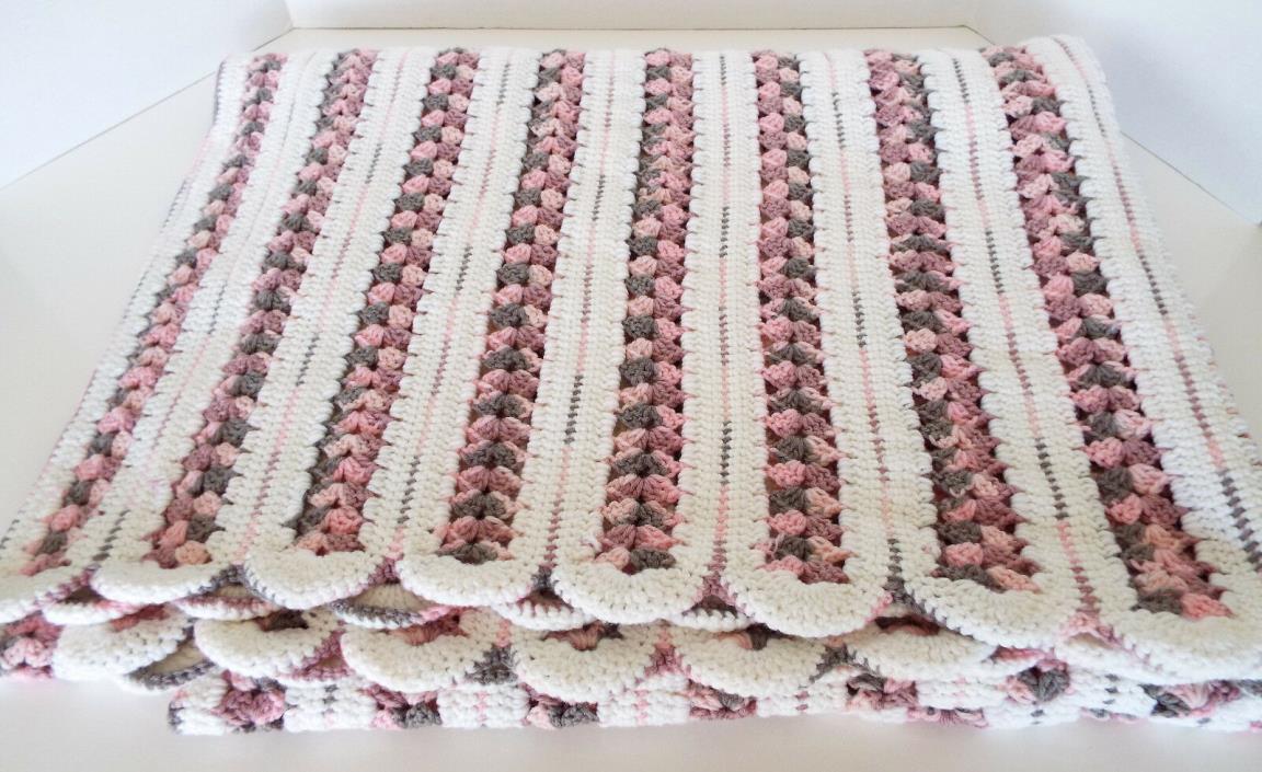 Vintage Crocheted Afghan Pink Grey Lavender Throw Scalloped Edge Blanket 80 x 52