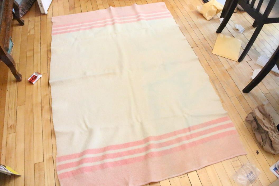 Vintage Ayers Wool Blend Tan with White Pink Trapper Blanket Canada 72 x 84