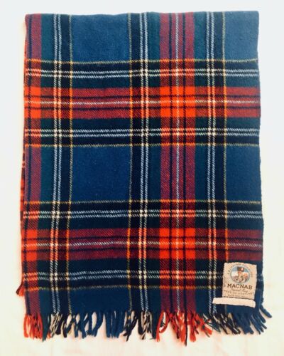 Vintage Wool Blanket Macnab Travel Rug Blue Green Plaid With Fringe 39