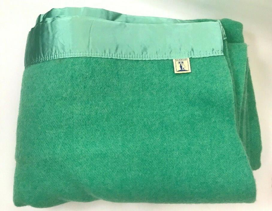 Vintage Wool Blanket Satin Binding Full Size Green Kenwood New Mothproof Virgin