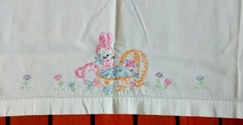 Vintage Hand Embroidered Bunny Baby Toddler Flat Crib Bed Sheet Retro Cotton