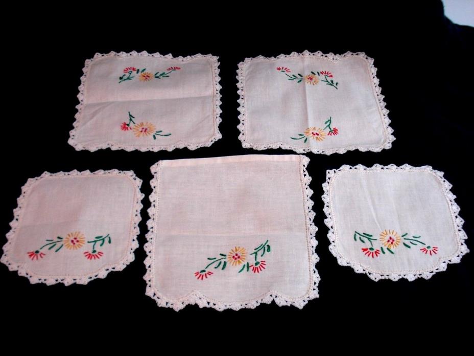 Vtg 5 pc Set Embroidered Doily Set w/Crocheted Trim Floral Design--Never Used