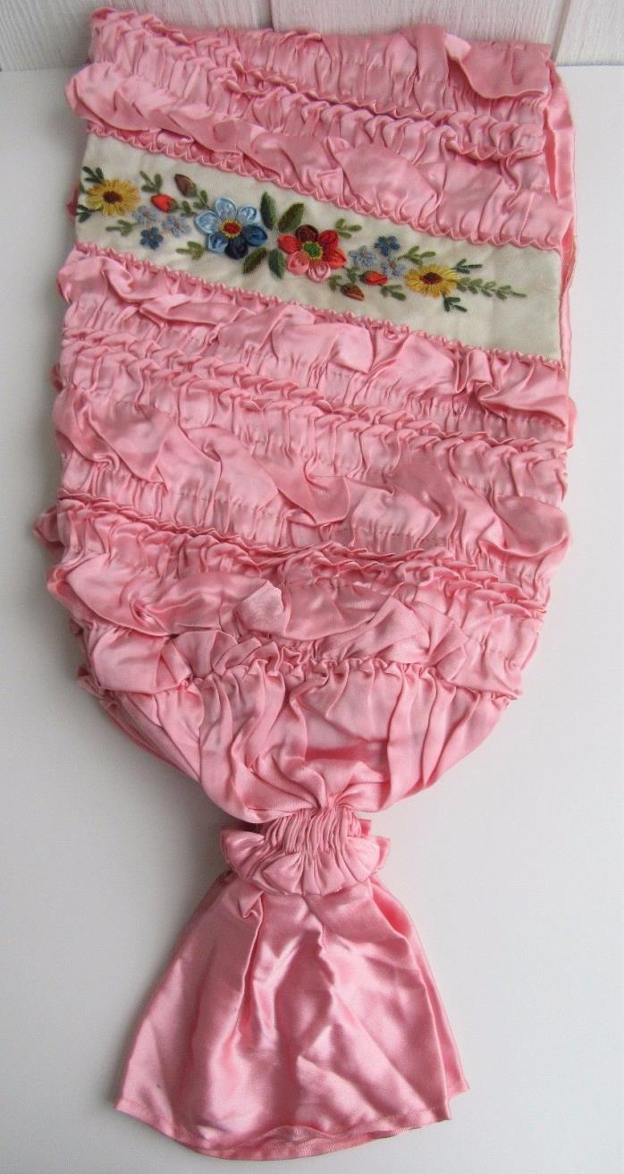 Vtg Pillow Sham Day Bed Bolster French Ribbon Floral Embroidery Pink Satin Cover