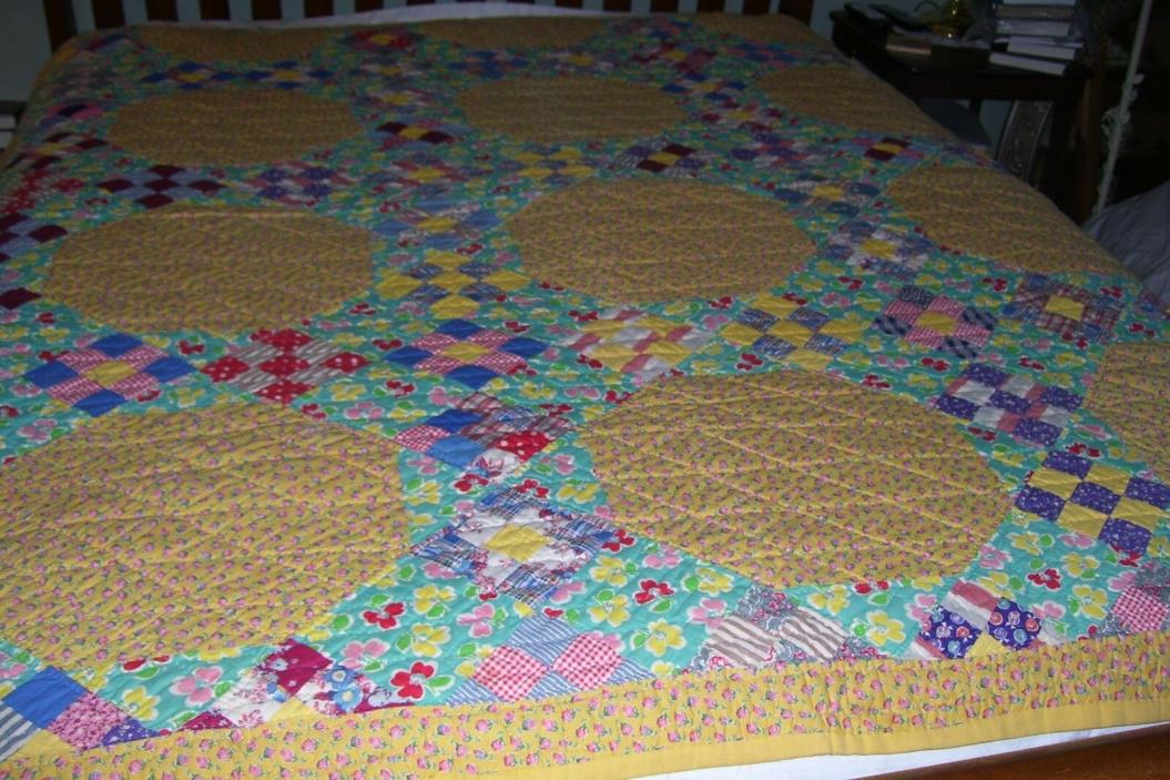 Wonderful Vintage Hand Quilted Yellow Floral Quilt 78 x 71