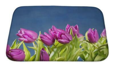 Bath Mat, Tulips Pink Flowers On Blue Studio