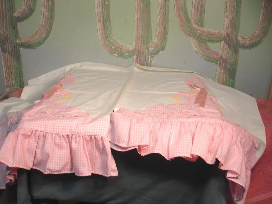 Vintage Pair Set  2 Unused Pink Applique Girl Bonnet Gingham Check Pillow Cases