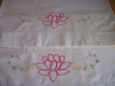 Vintage Set Of 2 PInk Flower Hand Embroidered Standard Size Pillowcases