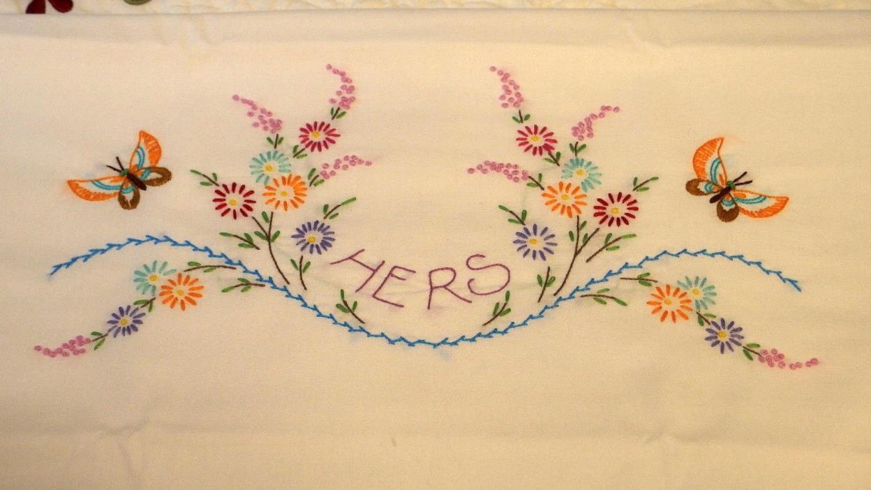 VTG Cotton Pillowcase Hand Embr.w/Floral-HERS- Butterflies/Purple Crochet PREOWN