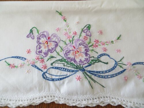 3 Pretty 100% Cotton Pillowcases Lavender Pansies Hand Embroidery Crocheted Trim