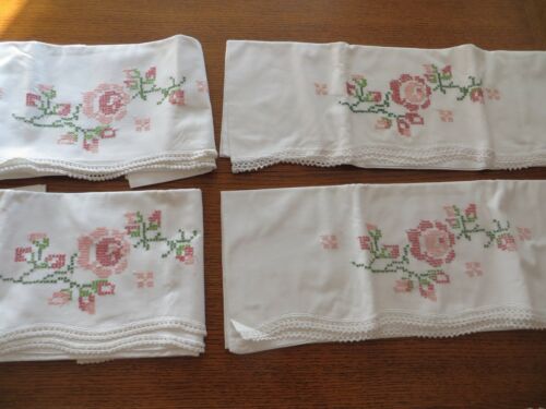 2 Pair Vintage 100% Cotton Pillowcases Hand Embroidered + Runner UNUSED
