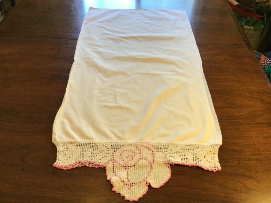 Vintage Single Pillowcase Hand Crochet Edge Flower Pink White Cotton