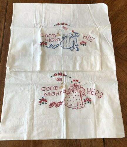 VTG Embroidered His & Hers Pillowcases PJ GOODNIGHT Canon Muslin 20x31 Set NEW??