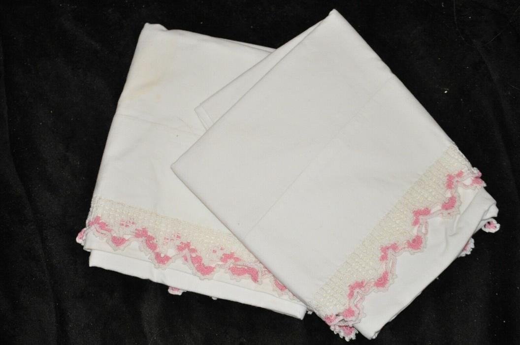 Pair 2 Vtg White Pillowcases Set PINK & white Crocheted Lace Trim
